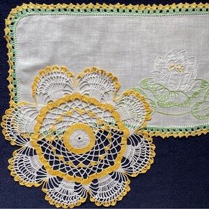 Vintage White Linen Embroidered and Crocheted Doily Set of 2